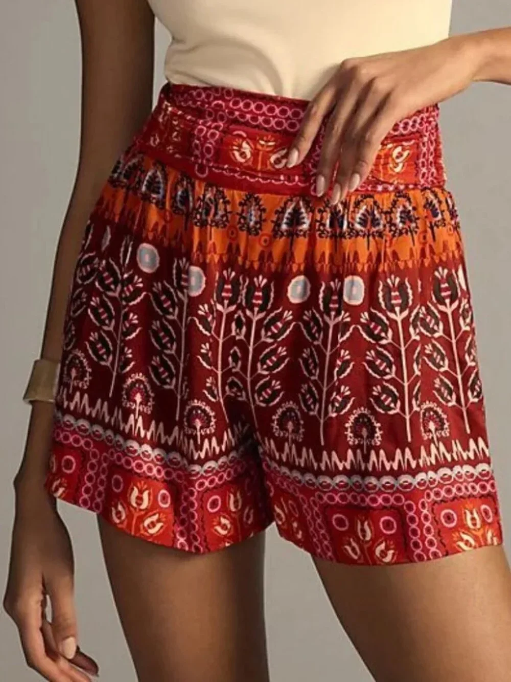 Anthropologie bohemian floral geometric elastic waist pullon cotton linen shorts